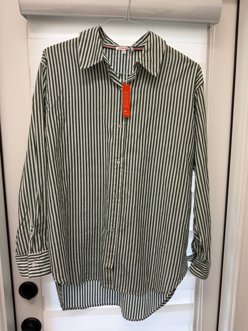 Sundry Green and White Vertical Stripe Button-Down Top.